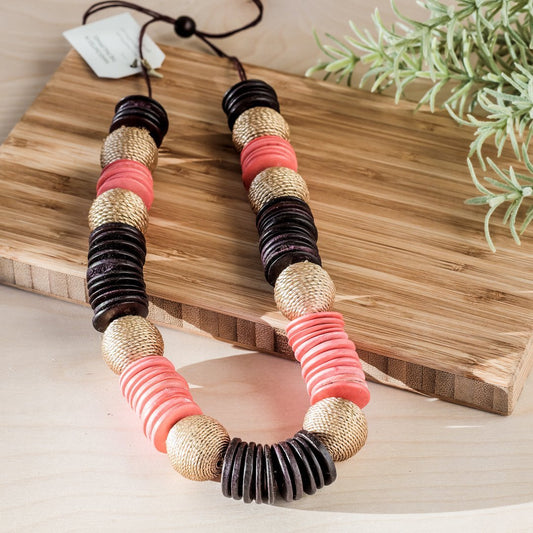 Paparazzi Wooden Necklace - Pastilla Coral and Burgundy